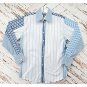 Roar DINO Shirt Men Large White Blue Striped Long Sleeve Button Up Dress